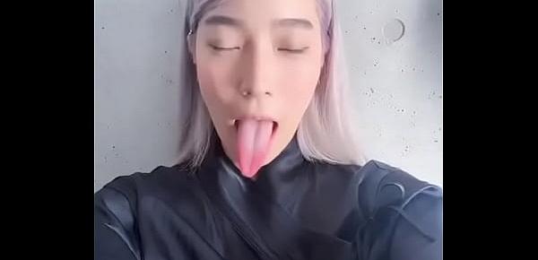  Ahegao slut with long tongue